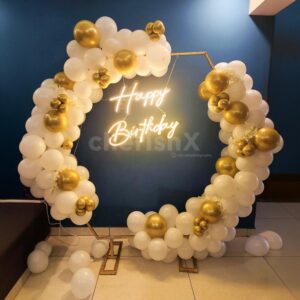 Elegant White Hexagon Birthday Neon Backdrop