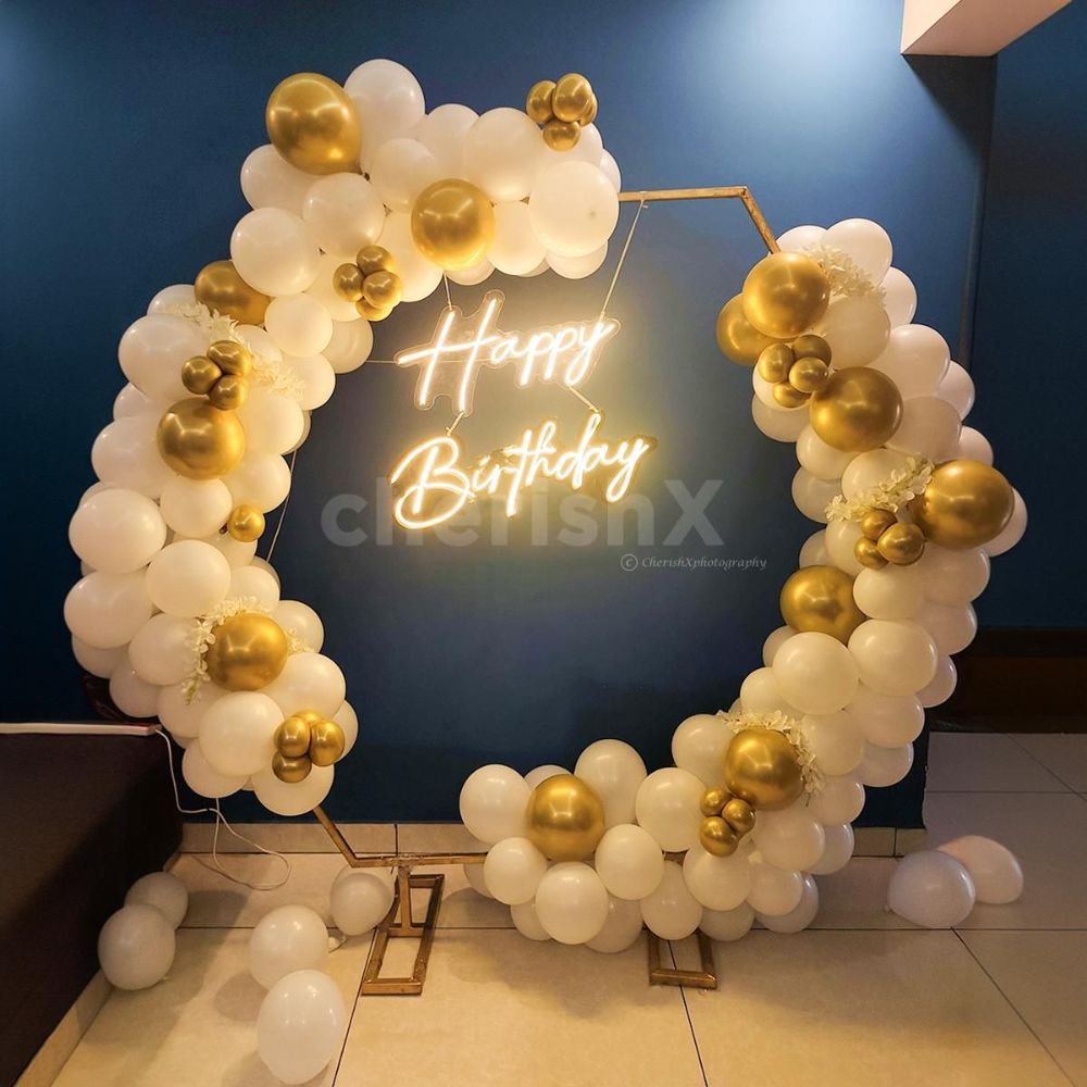 Elegant White Hexagon Birthday Neon Backdrop